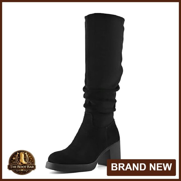 Women's Knee High Boots Chunky Heel Platform Slouchy Stretchy Suede - Picture 2 of 8